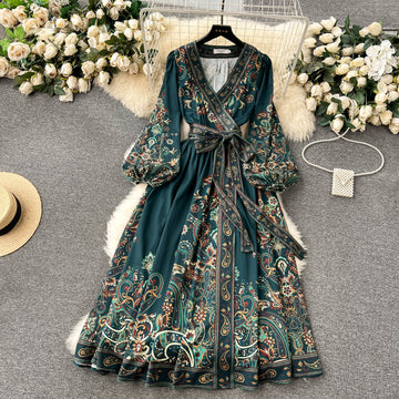A line Long Sleeves Green Floral Holiday Dresses Autumn Women's Dress SD1280